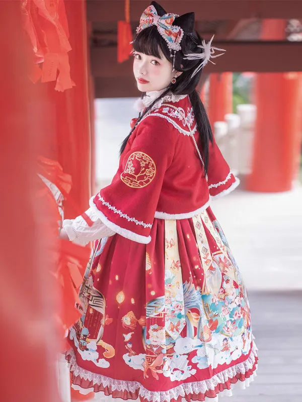 Chinese Style Lolita JSK Dress 2-Piece Set Burgundy Sleeveless Polyester Lolita Jumper Skirts