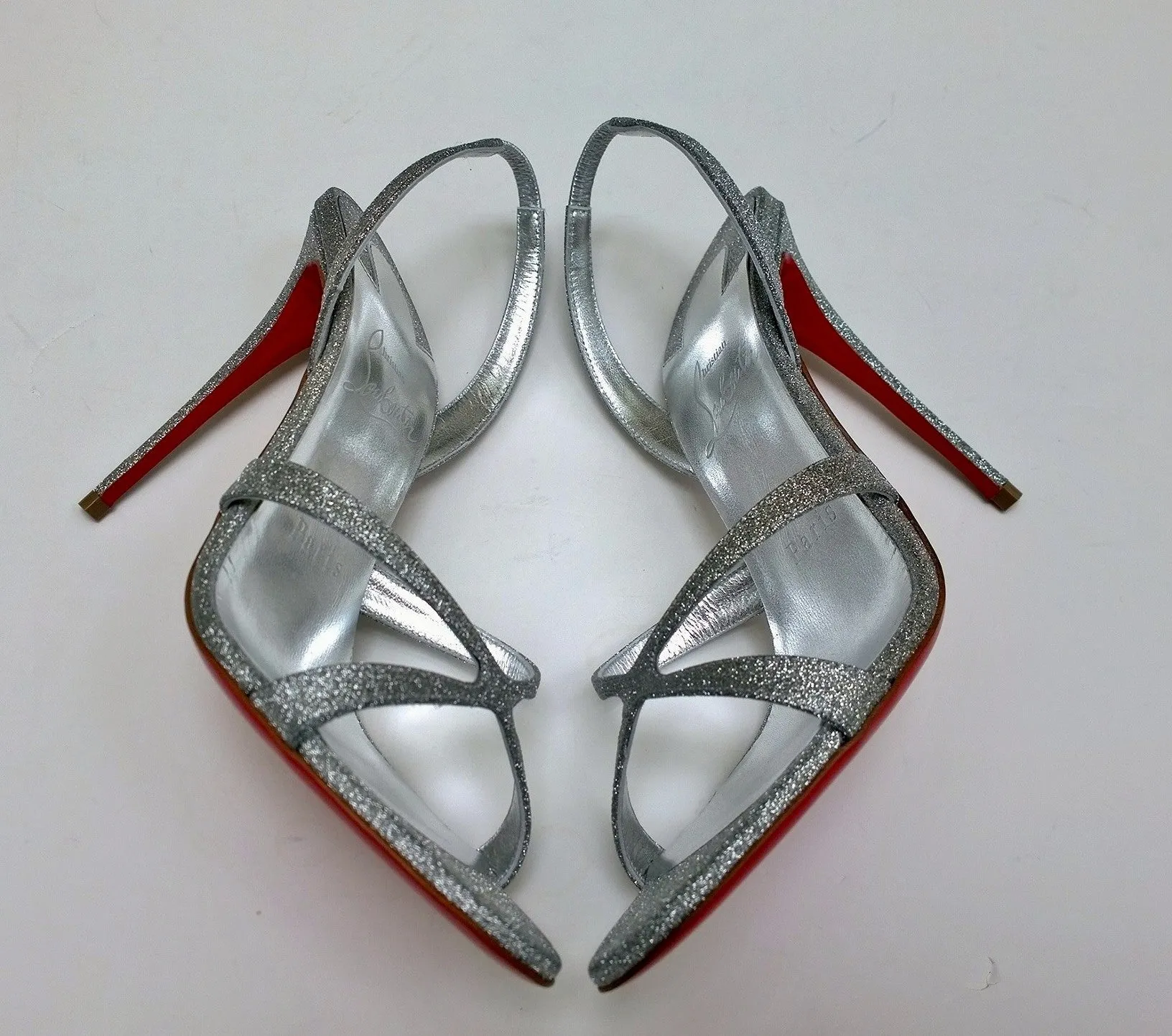 Christian Louboutin Emilie 100 Silver Glitter Sandals Slingback Heels