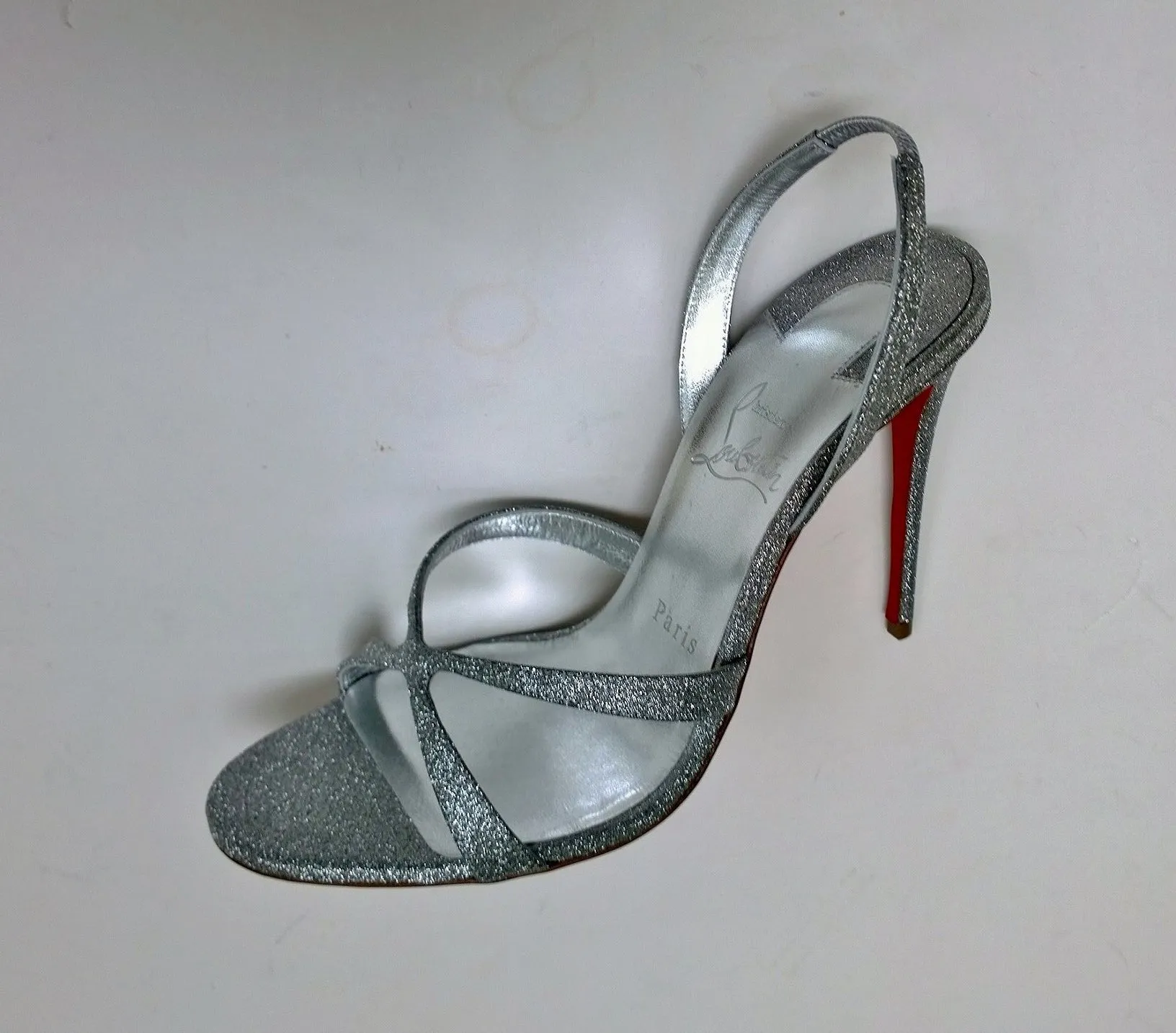 Christian Louboutin Emilie 100 Silver Glitter Sandals Slingback Heels