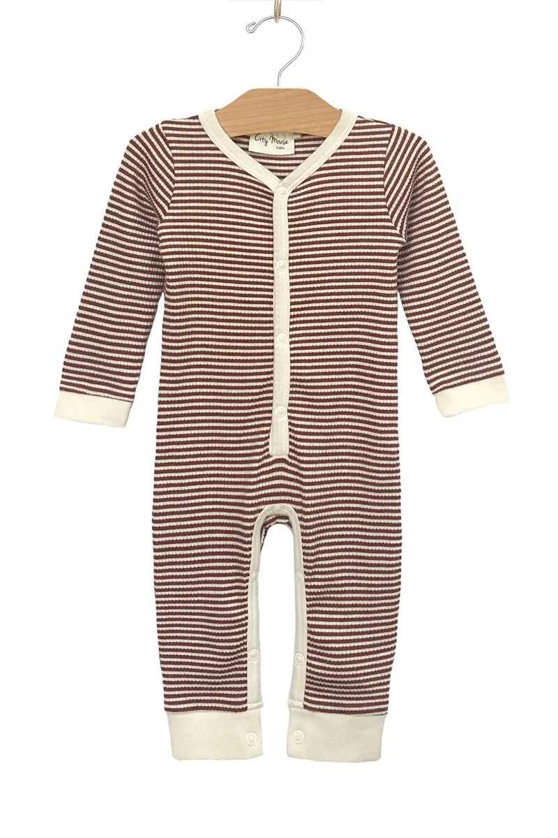 City Mouse Organic Henley Snap Romper - Rust Stripe