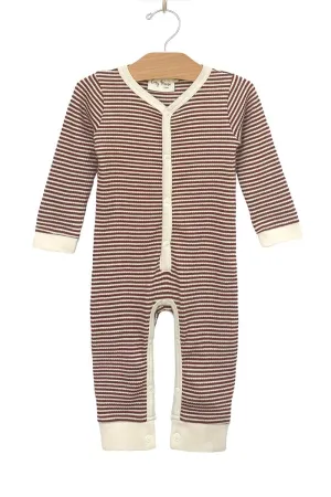 City Mouse Organic Henley Snap Romper - Rust Stripe