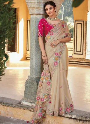 Cream Beige Multi Embroidery Designer Tissue Silk Saree