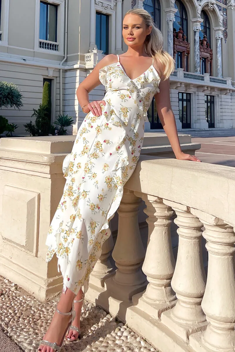 Cream Floral Printed Strappy Frill Hem Midi Dress