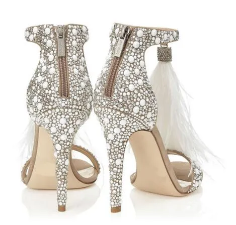 Crystal Embellished White High Heels Sandals