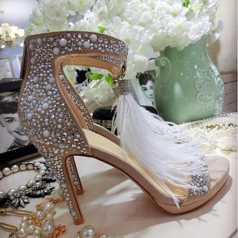 Crystal Embellished White High Heels Sandals