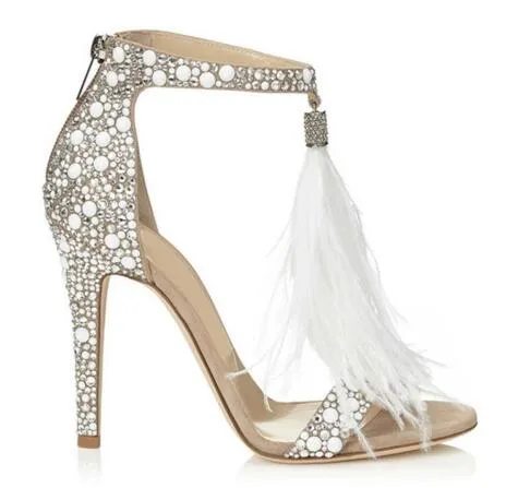 Crystal Embellished White High Heels Sandals