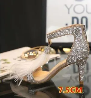 Crystal Embellished White High Heels Sandals