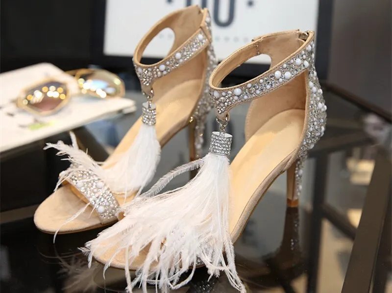 Crystal Embellished White High Heels Sandals