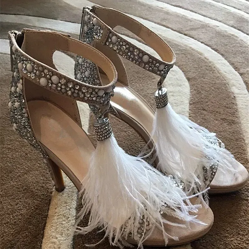 Crystal Embellished White High Heels Sandals