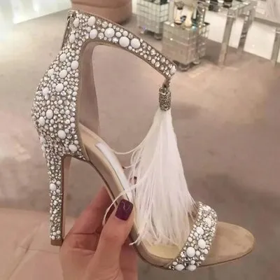 Crystal Embellished White High Heels Sandals