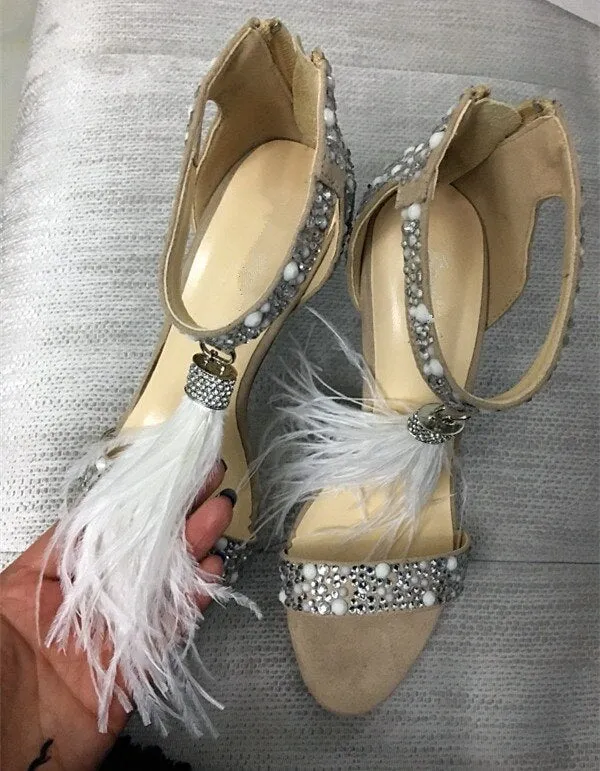 Crystal Embellished White High Heels Sandals