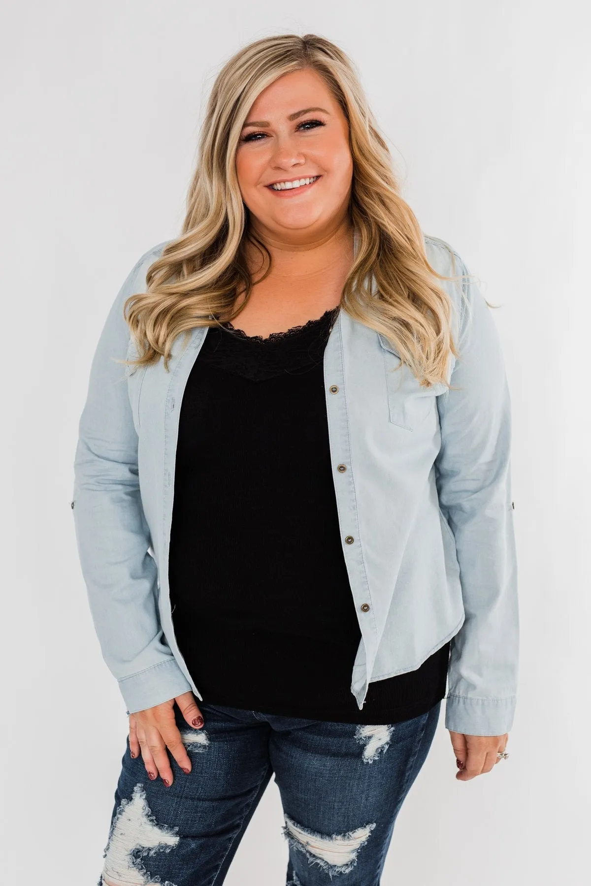 Cute In Chambray Long Sleeve Top- Light Denim