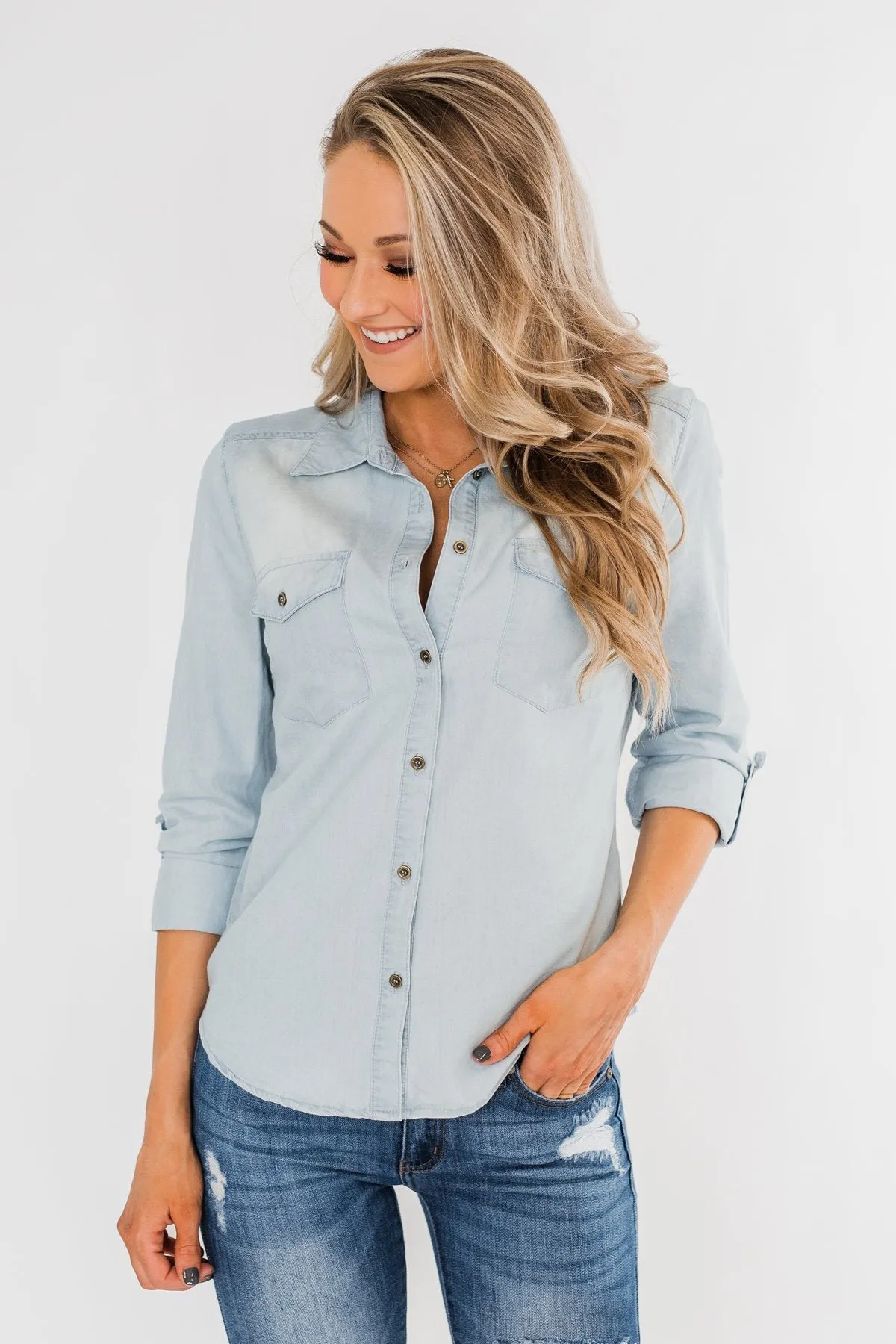 Cute In Chambray Long Sleeve Top- Light Denim
