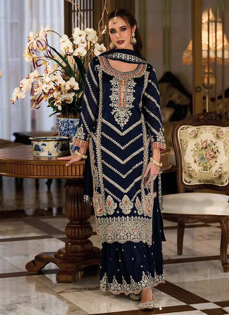 Dark Blue Embroidery Designer Palazzo Suit