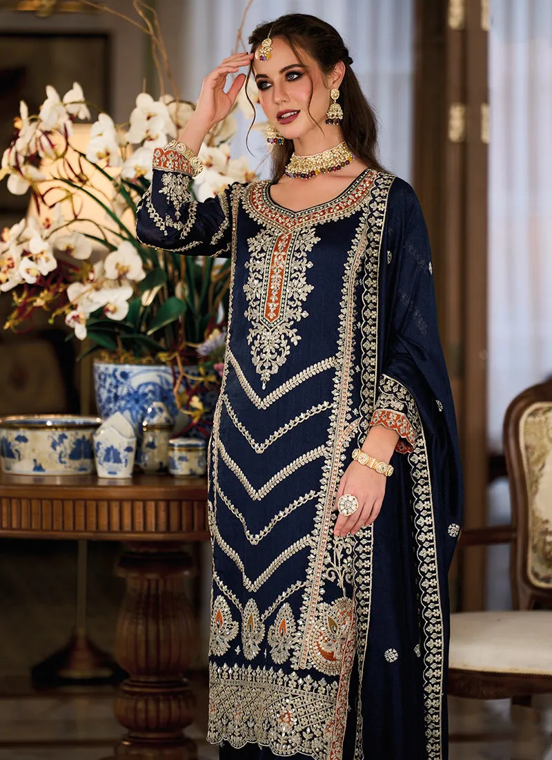 Dark Blue Embroidery Designer Palazzo Suit