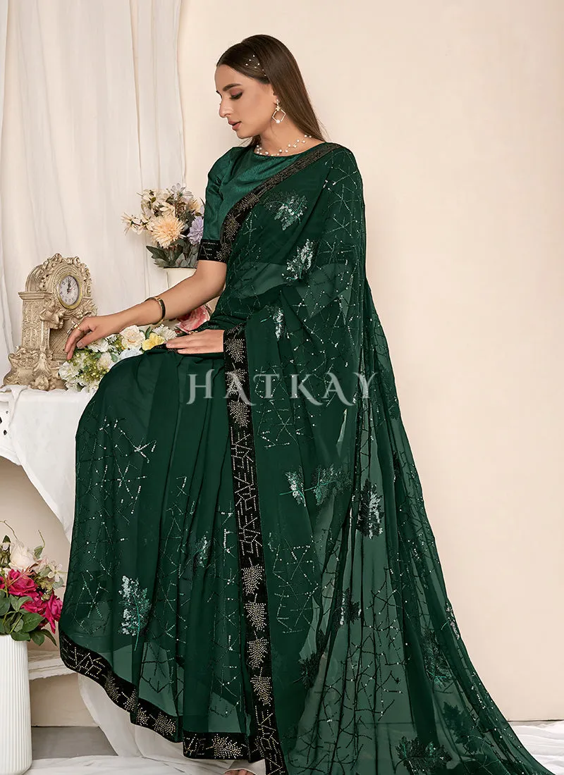 Dark Green Sequence Embroidery Georgette Saree
