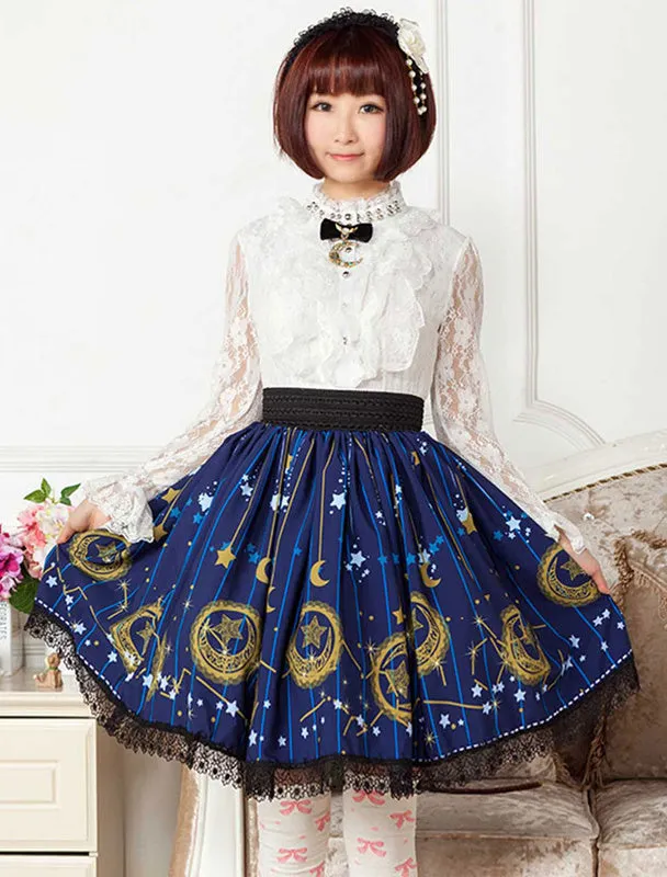 Deep Blue Star Printed Polyester short Lolita Skirt dress for Girls