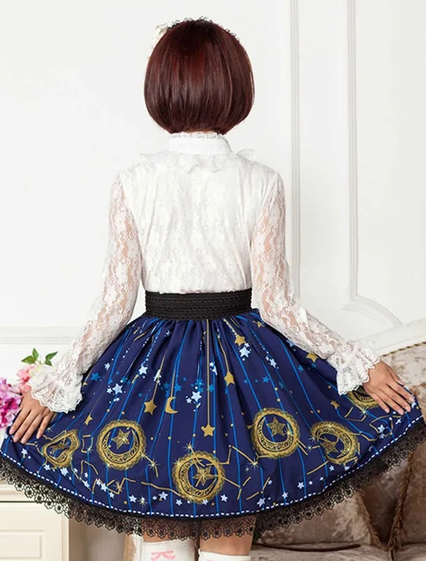 Deep Blue Star Printed Polyester short Lolita Skirt dress for Girls