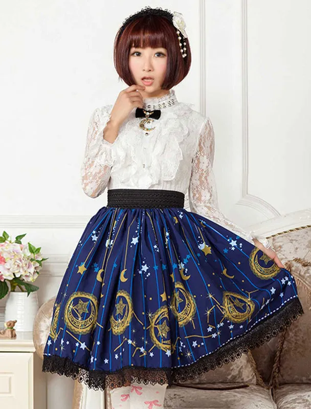 Deep Blue Star Printed Polyester short Lolita Skirt dress for Girls