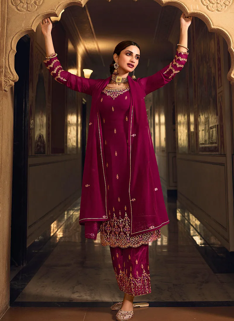 Deep Pink Embroidered Pakistani Pant Style Suit