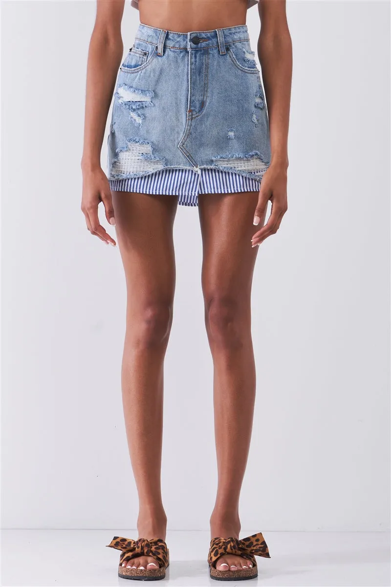 Denim Combo Distressed Mini Skirt | Light Blue