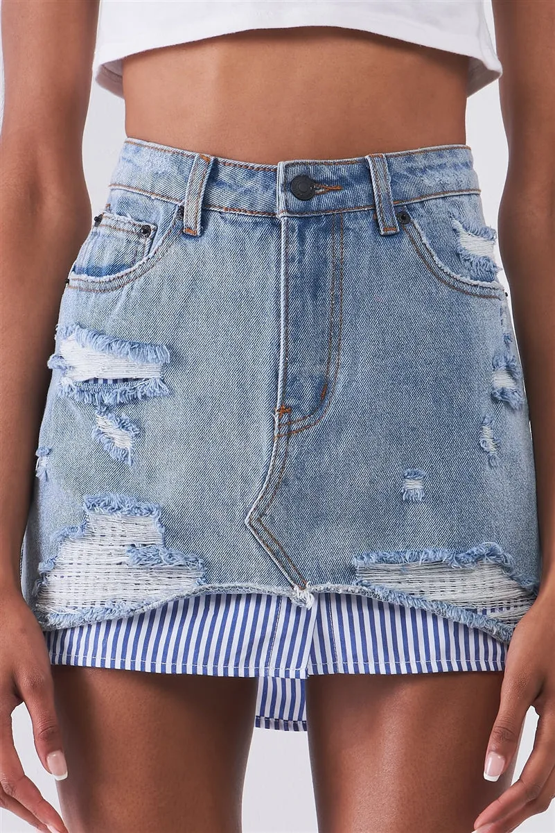 Denim Combo Distressed Mini Skirt | Light Blue
