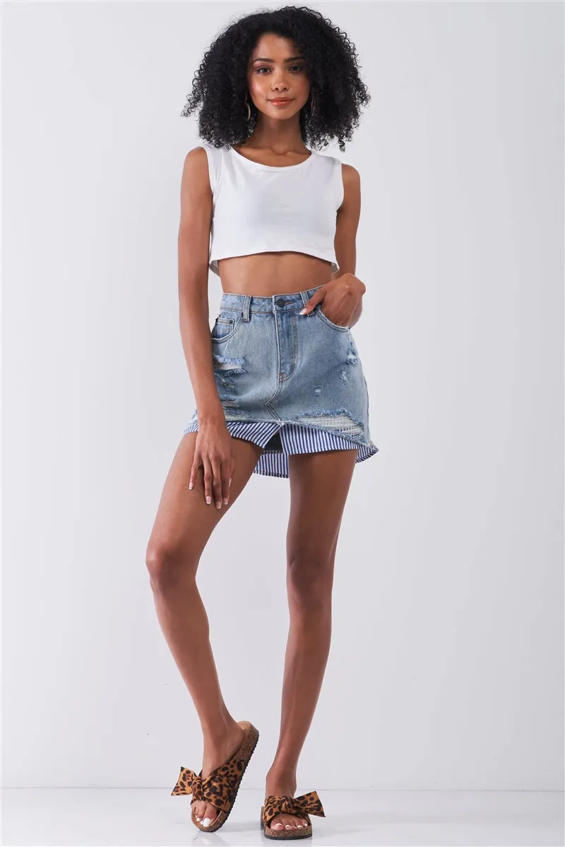 Denim Combo Distressed Mini Skirt | Light Blue