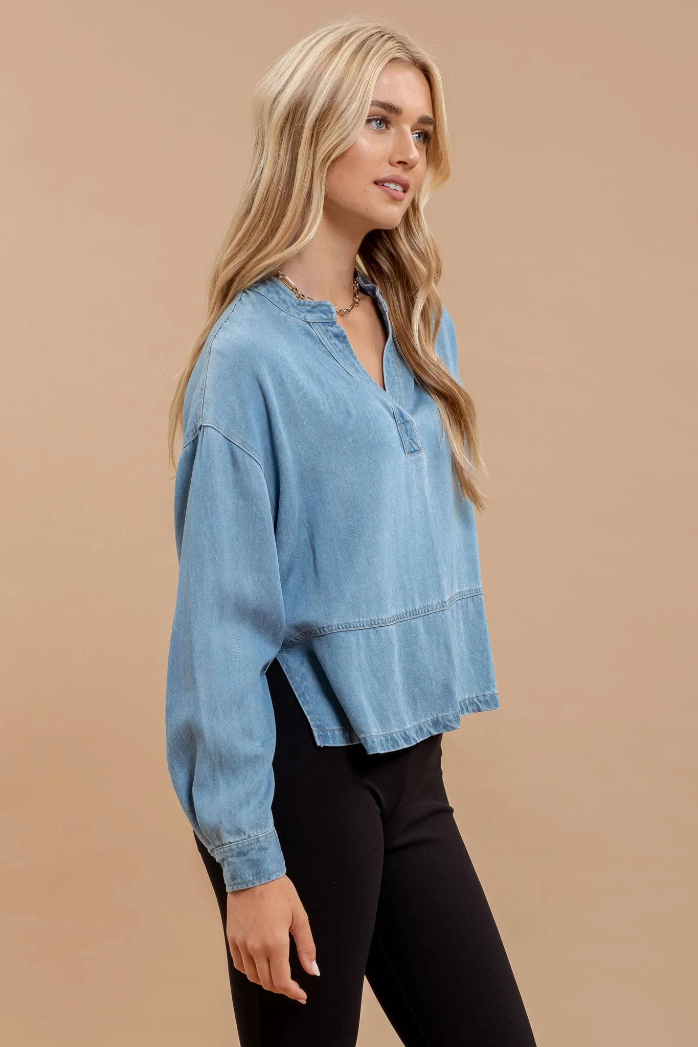 DENIM SPLIT NECK LONG SLEEVE SIDE SLIT TOP