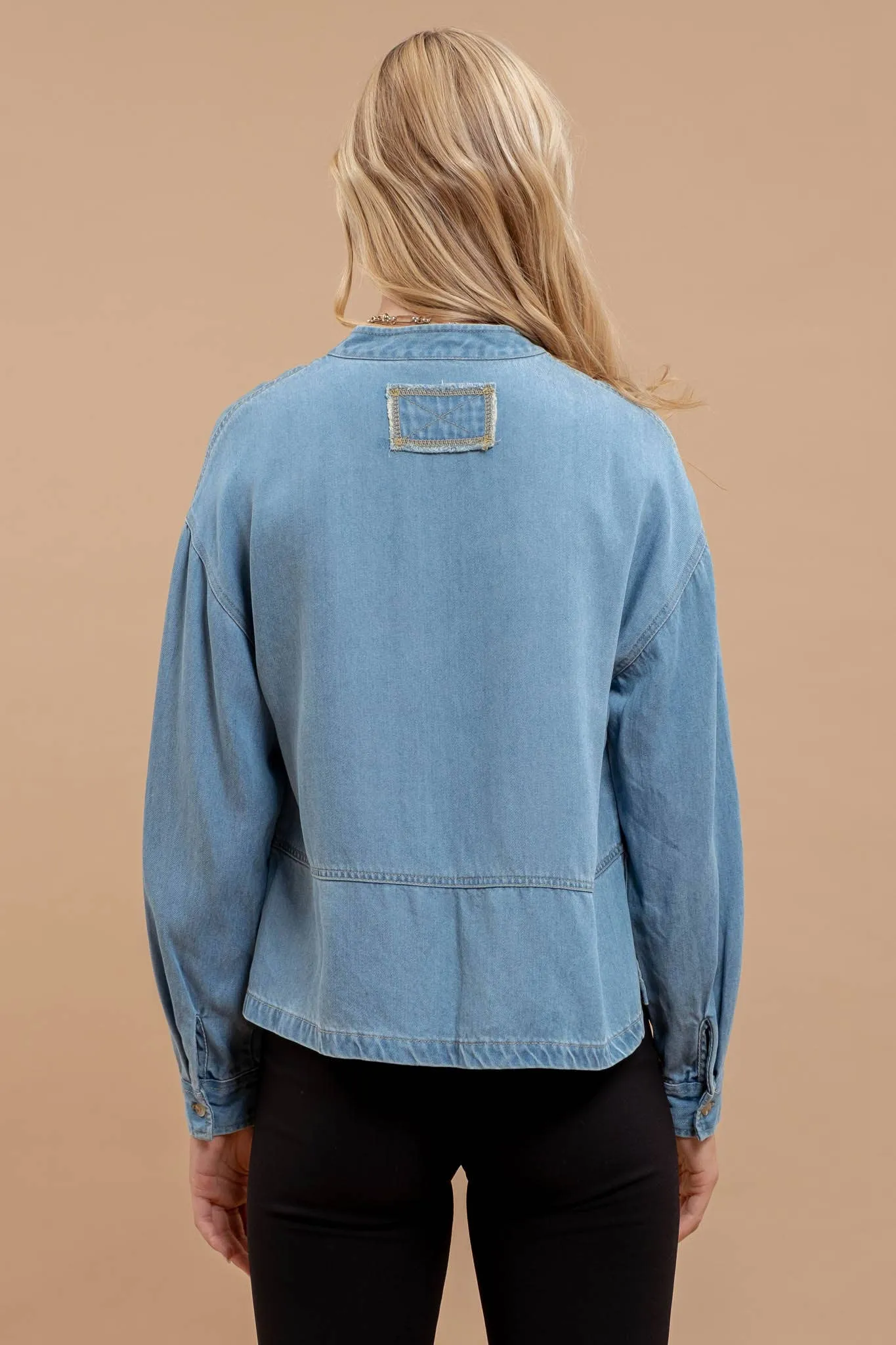 DENIM SPLIT NECK LONG SLEEVE SIDE SLIT TOP