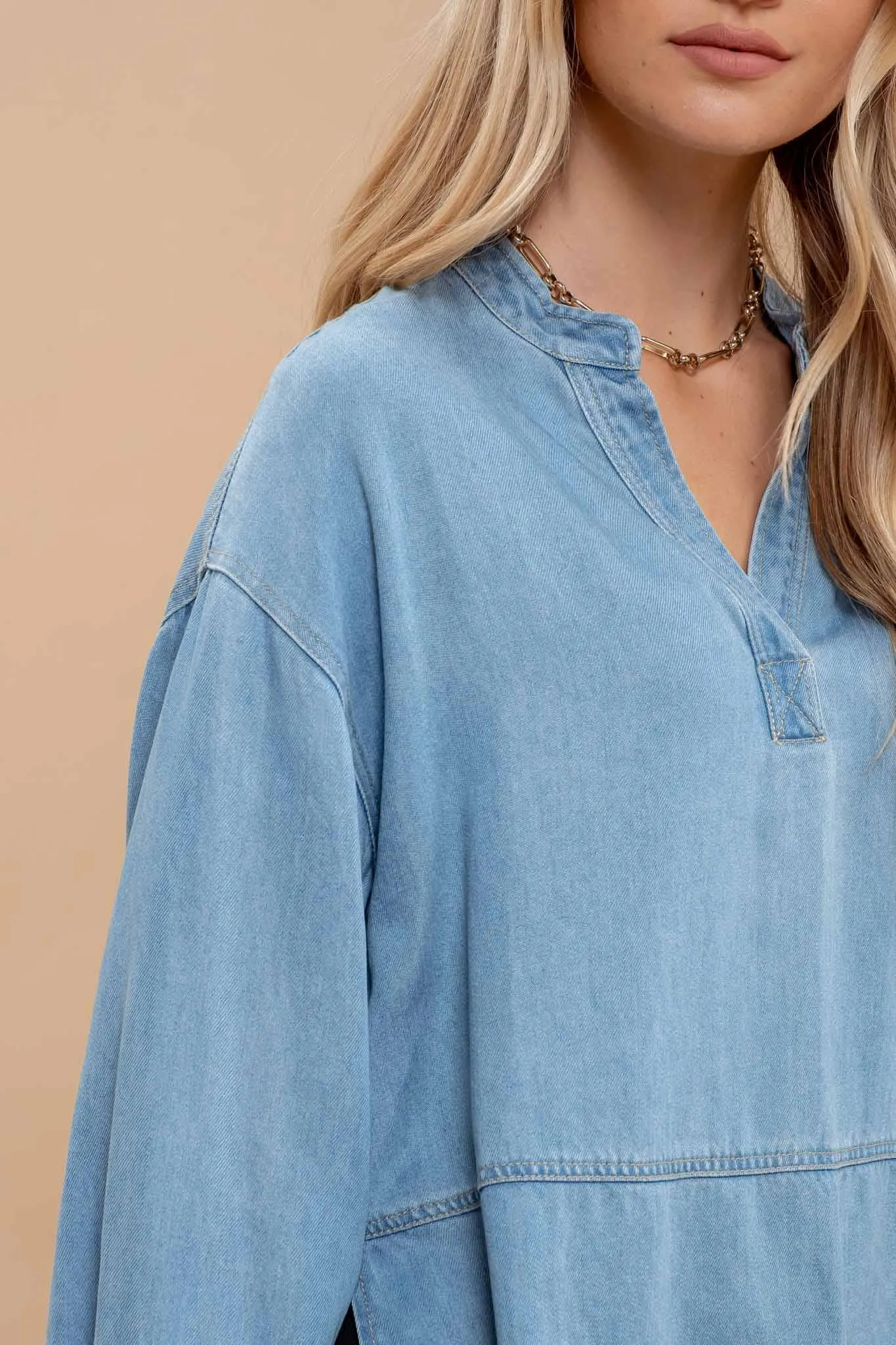 DENIM SPLIT NECK LONG SLEEVE SIDE SLIT TOP