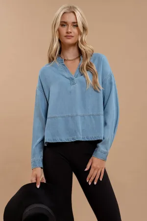 DENIM SPLIT NECK LONG SLEEVE SIDE SLIT TOP