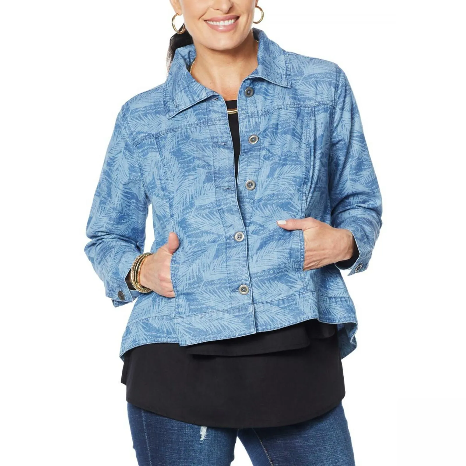DG2 by Diane Gilman Women's SoftCell Denim Jacket Midtone Palm Large