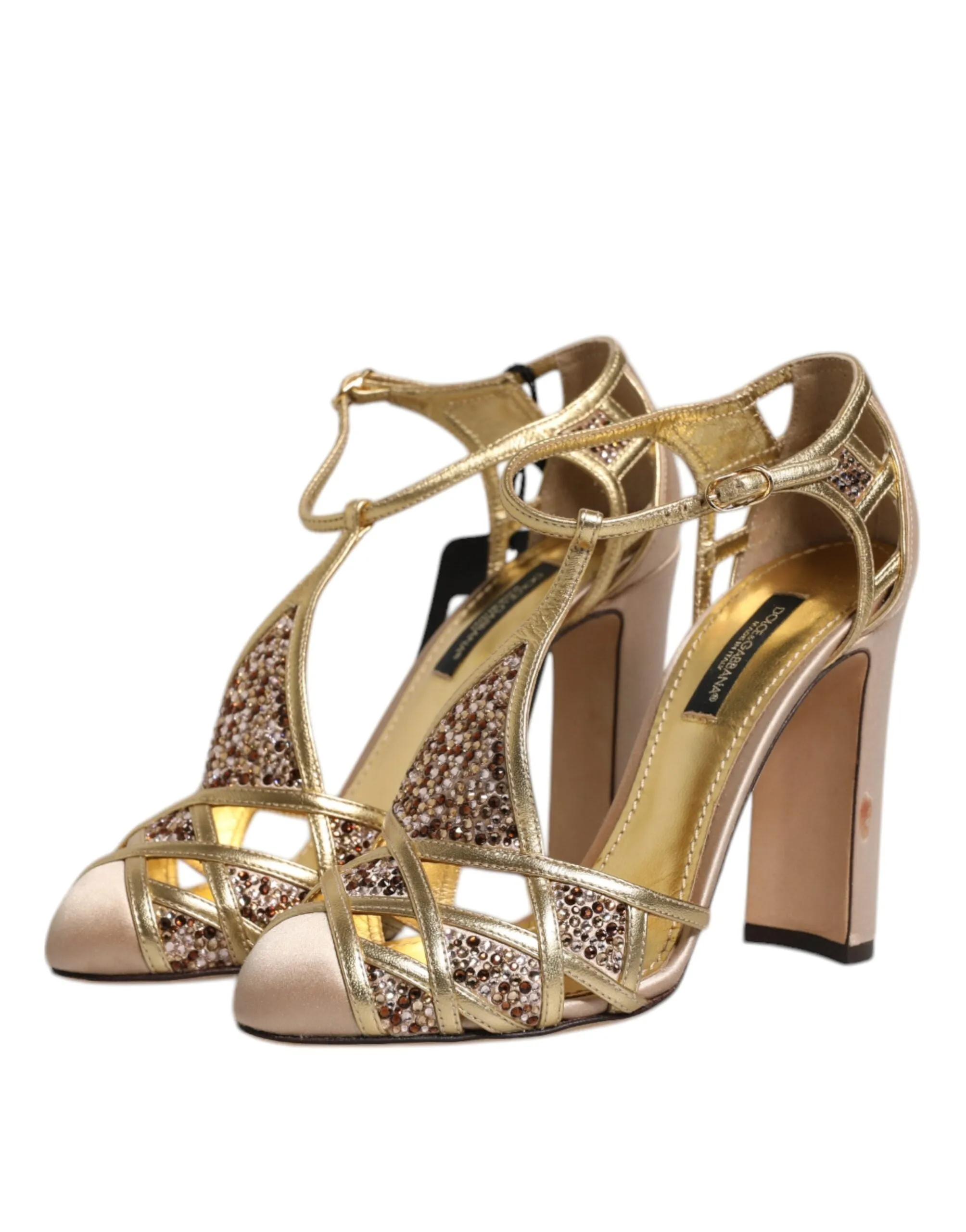 Dolce&Gabbana Women Gold Sandals Viscose Crystal Embellished Strappy Shoes EU 35