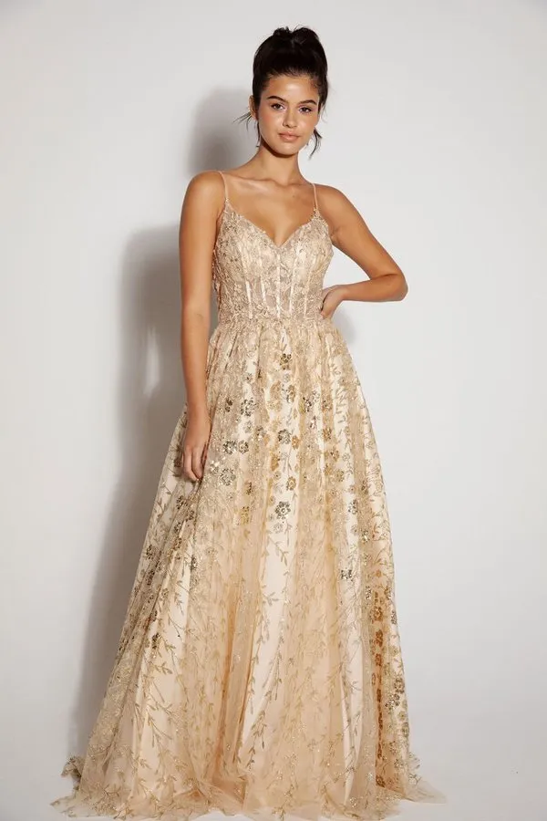 E 9908 - Glitter Patterned A-Line Prom Gown with Sheer Sequin Embellished Boned Bodice