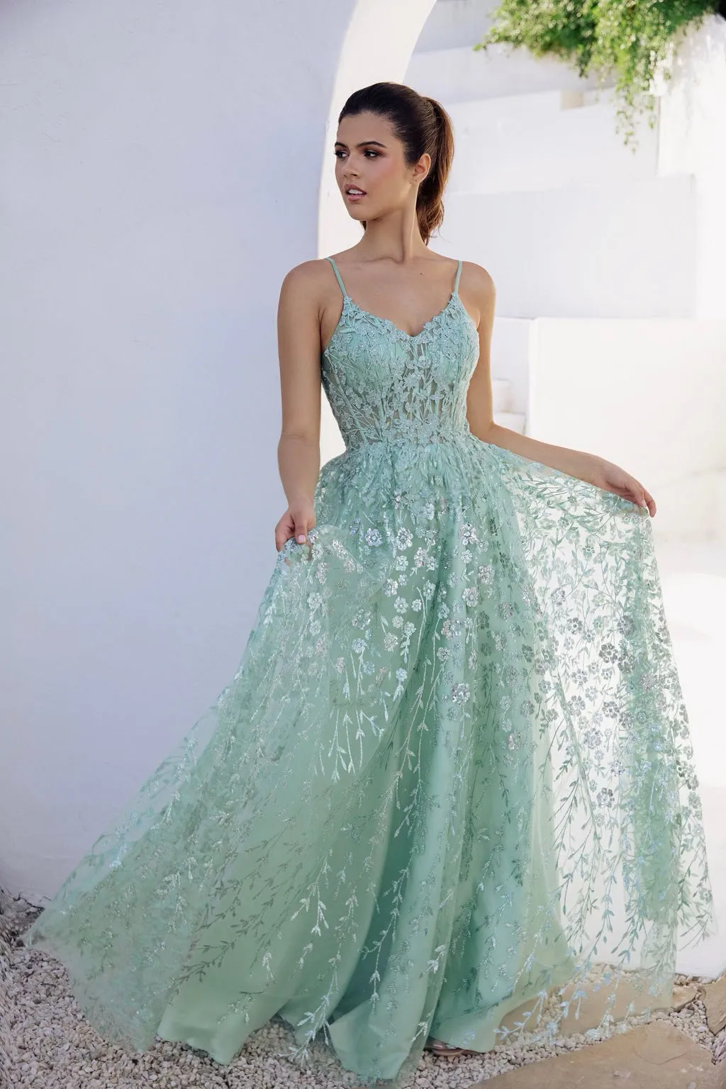 E 9908 - Glitter Patterned A-Line Prom Gown with Sheer Sequin Embellished Boned Bodice