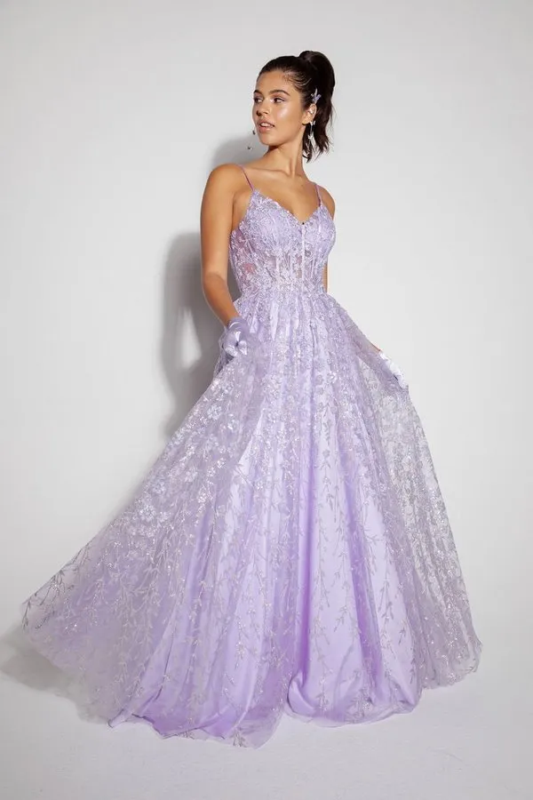 E 9908 - Glitter Patterned A-Line Prom Gown with Sheer Sequin Embellished Boned Bodice