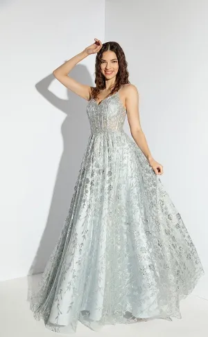 E 9908 - Glitter Patterned A-Line Prom Gown with Sheer Sequin Embellished Boned Bodice