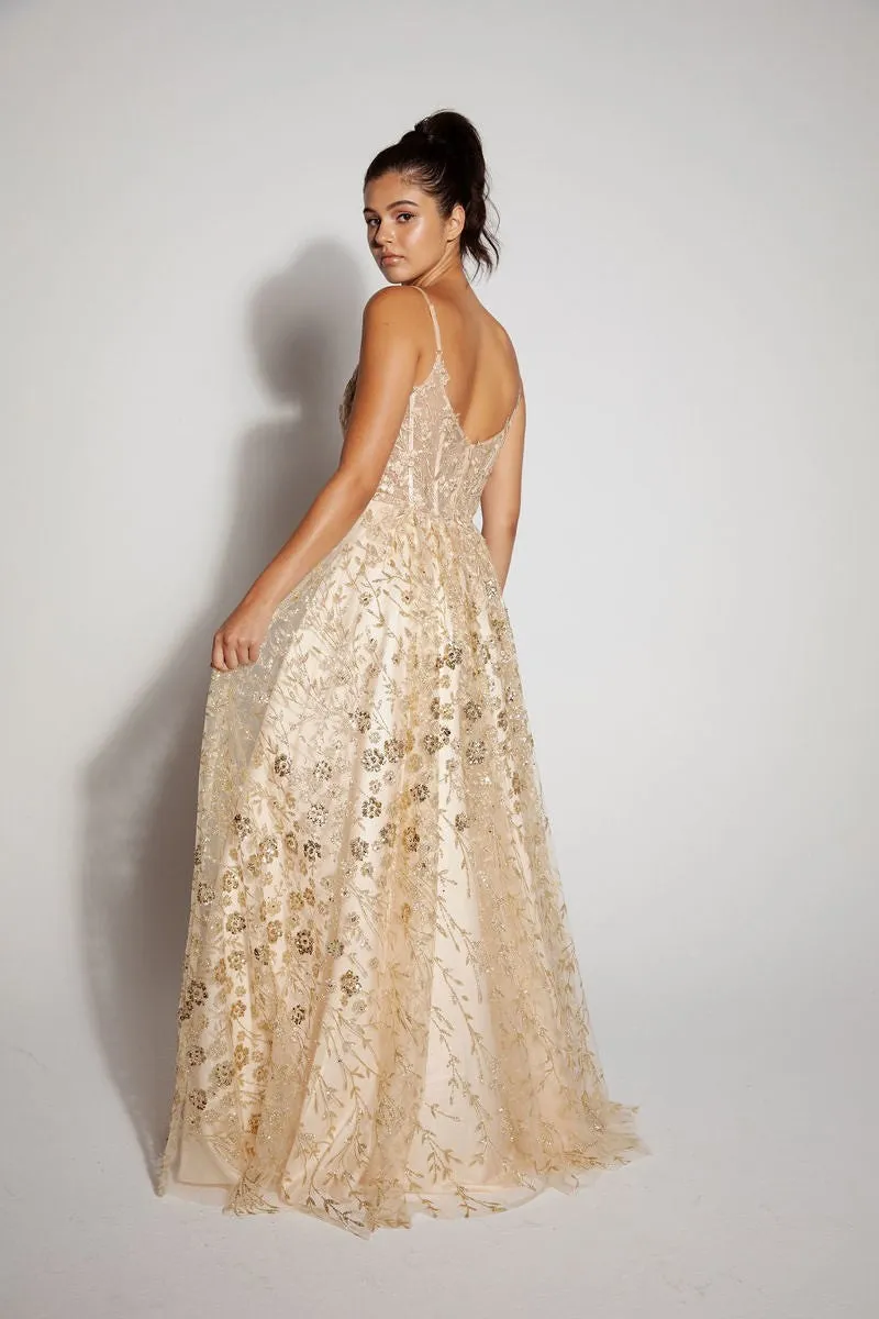 E 9908 - Glitter Patterned A-Line Prom Gown with Sheer Sequin Embellished Boned Bodice