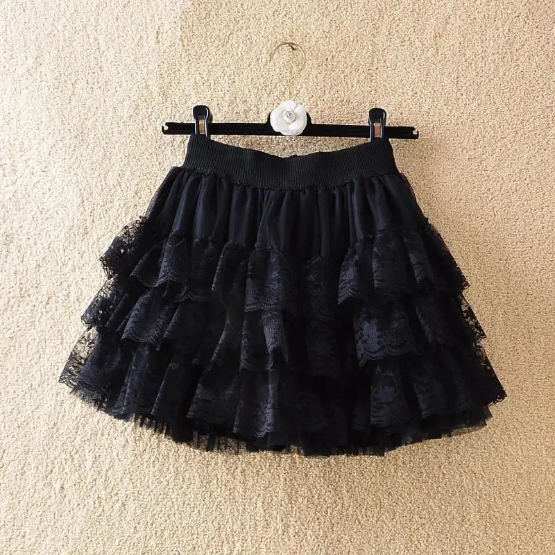 Elastic Gothic Lace Tutu Skirt Black Mesh Detail Petticoat Sexy Mini Tulle Skirts Party Club Wear