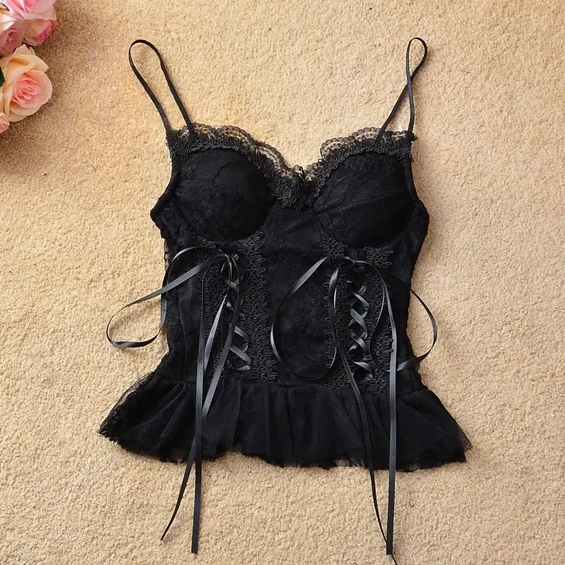 Elastic Gothic Lace Tutu Skirt Black Mesh Detail Petticoat Sexy Mini Tulle Skirts Party Club Wear