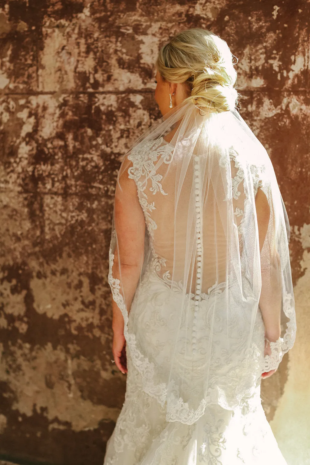 Elbow Length Lace Wedding Veil with Partial Trim, Short Bridal Veil