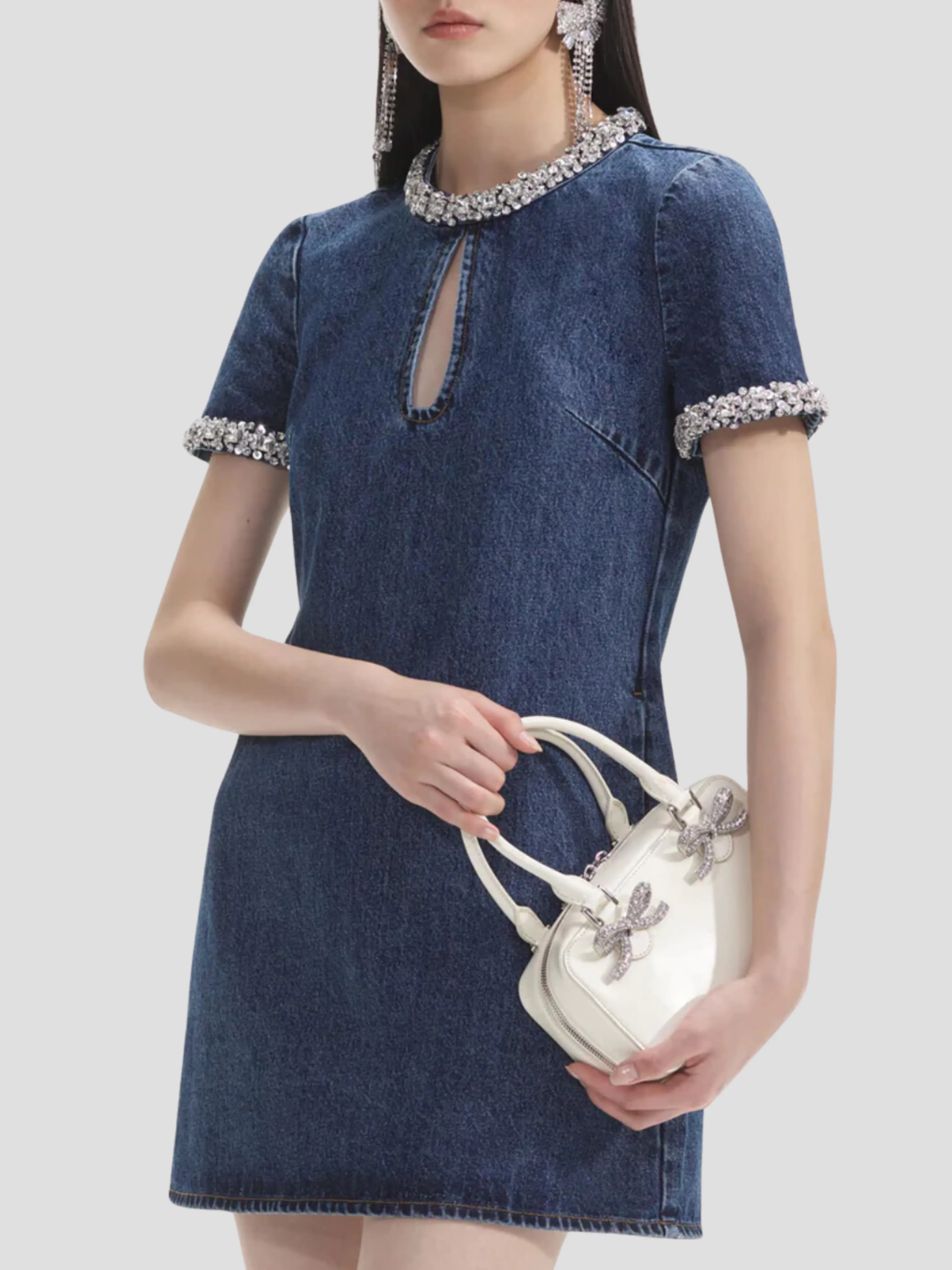 Embellished Denim Mini Dress in Blue