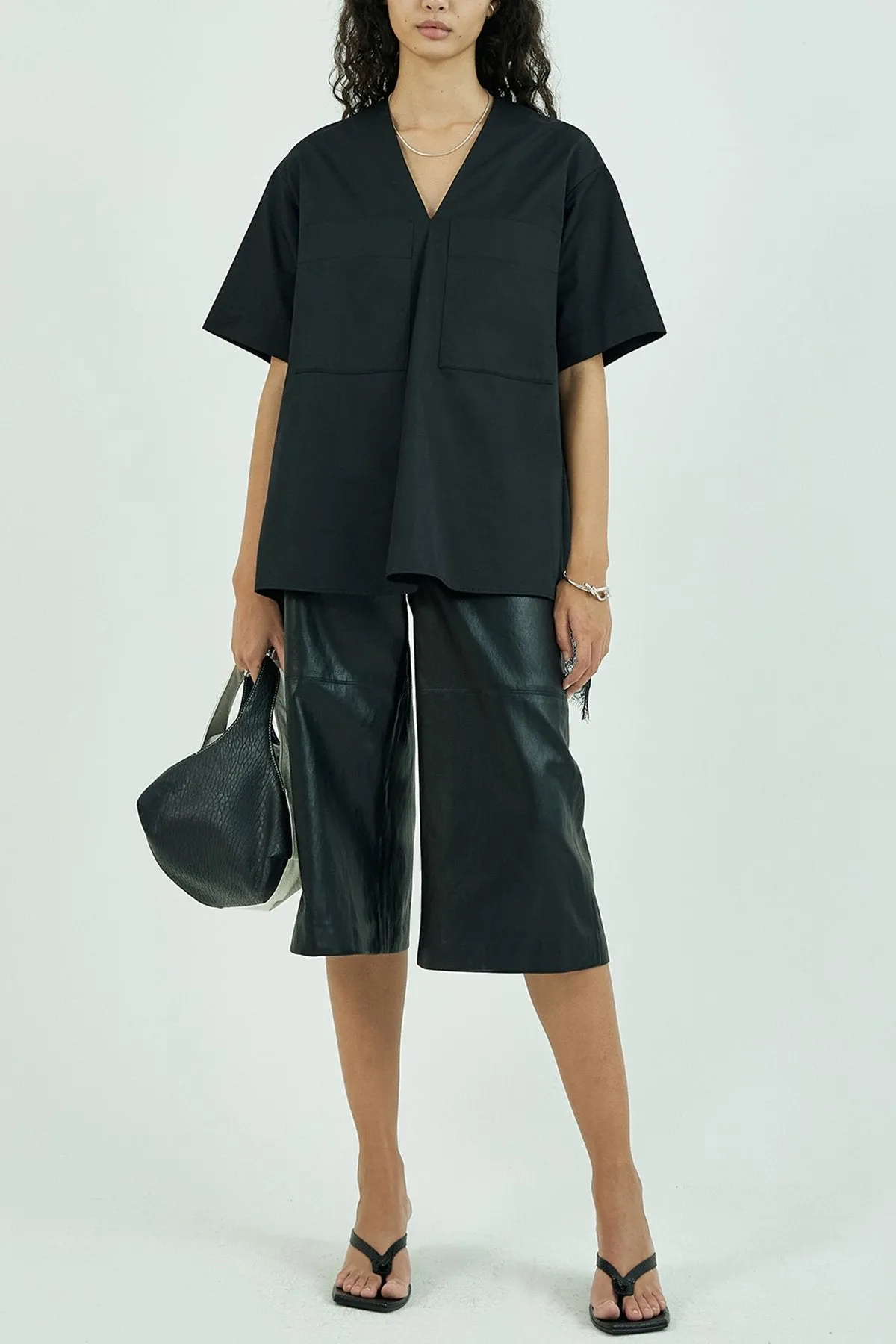 Embellished Lace Trimmed Short Sleeve Blouse in Black