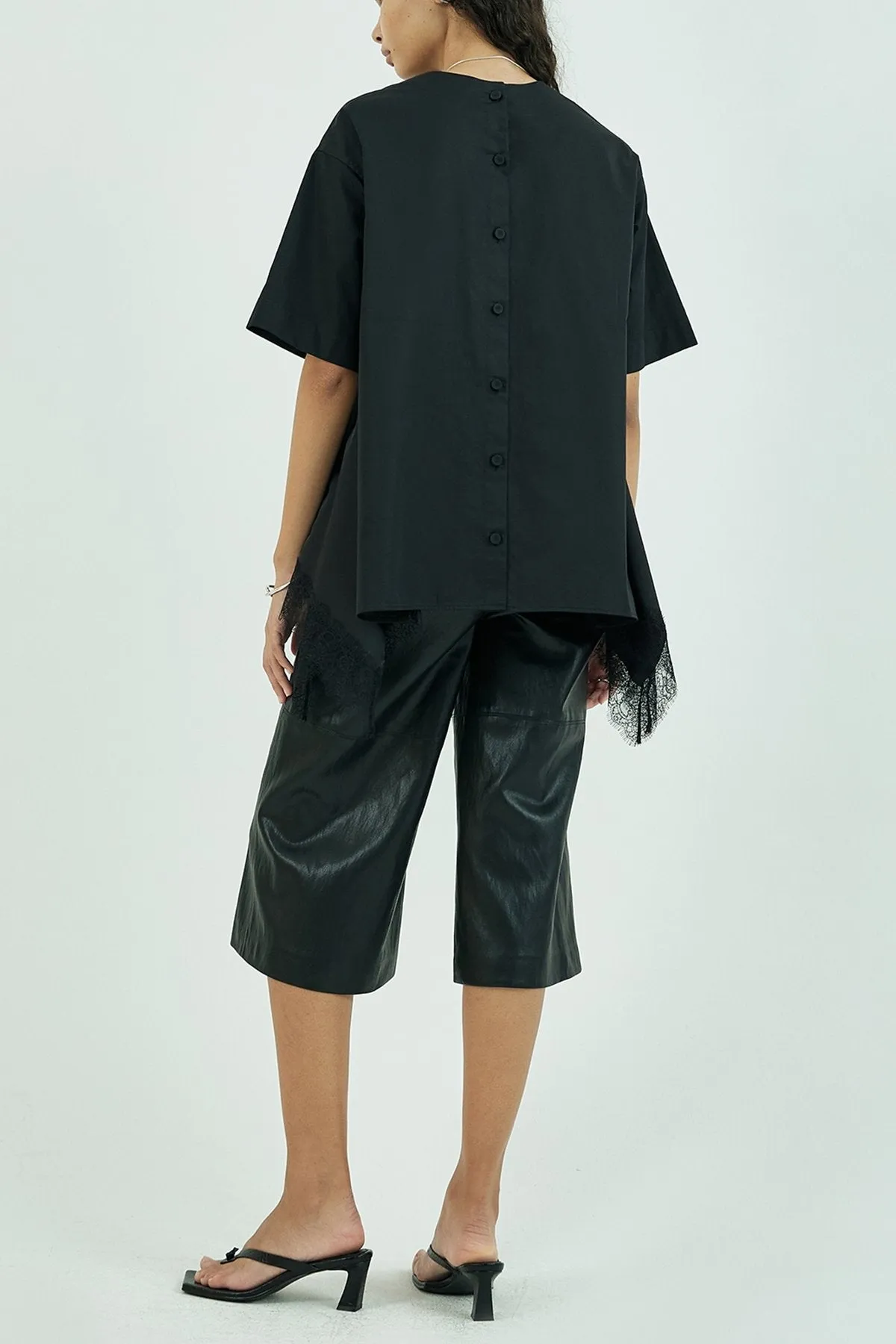 Embellished Lace Trimmed Short Sleeve Blouse in Black