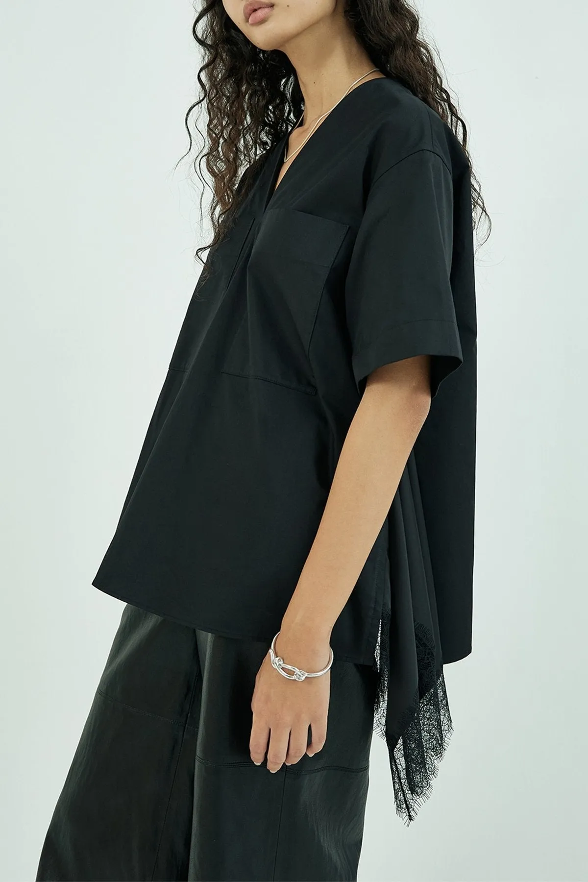 Embellished Lace Trimmed Short Sleeve Blouse in Black