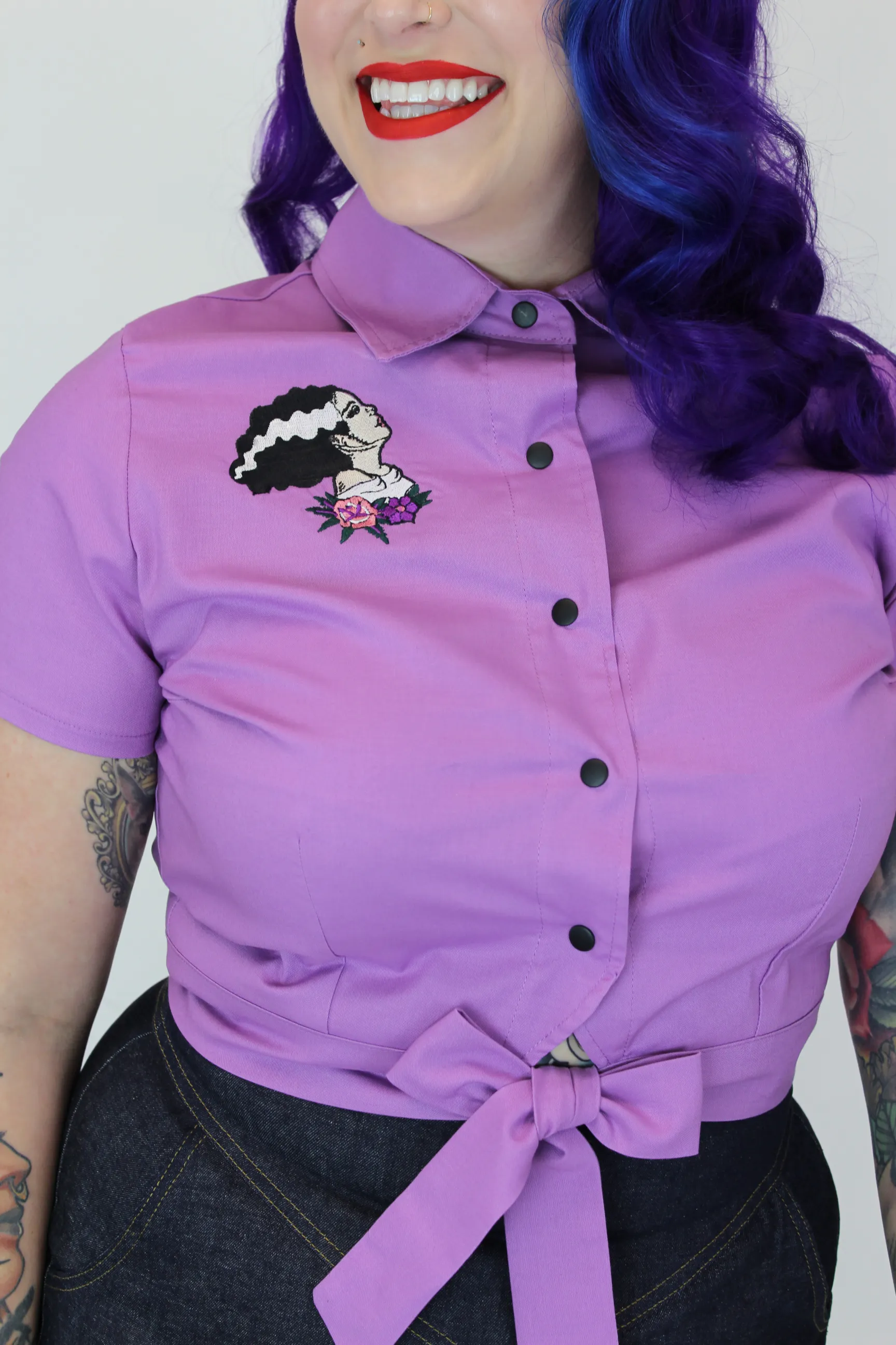 Embroidered Bride of Frankenstein Lavender Knot Top #E-LBFKT