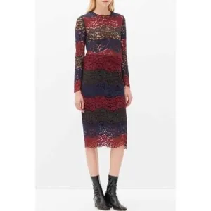 Fashionable Jewel Neck Color Block Lace Long Sleeve Blouse   Skirt For Women - Red With Black S