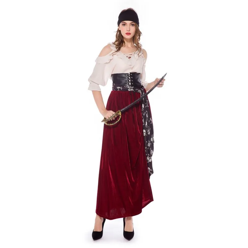\Female Caribbean Pirates Captain Costume Halloween Cosplay Suit Medoeval Gothic Fancy Woman Dress