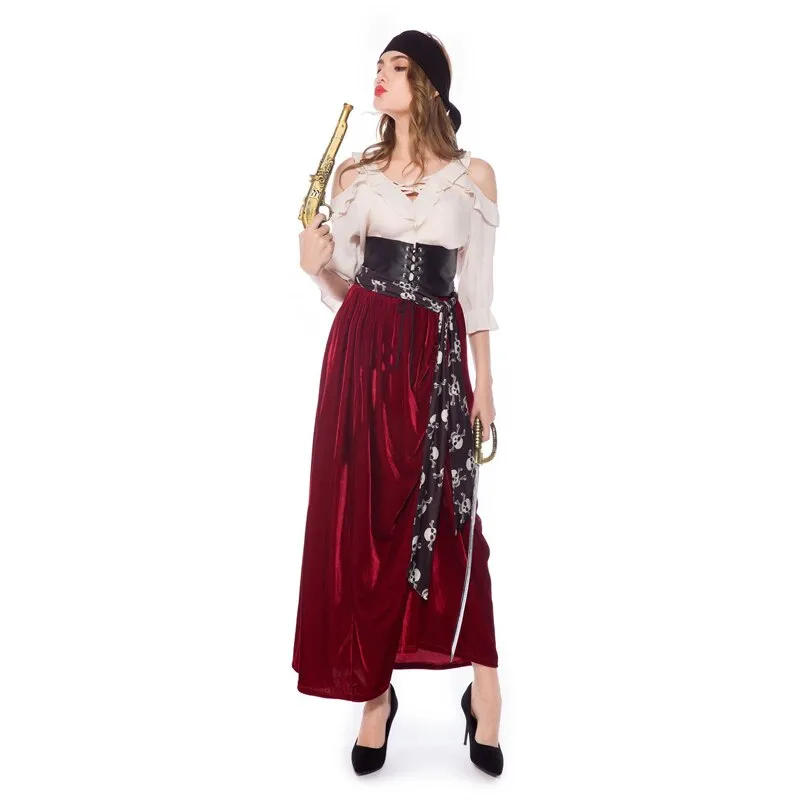 \Female Caribbean Pirates Captain Costume Halloween Cosplay Suit Medoeval Gothic Fancy Woman Dress