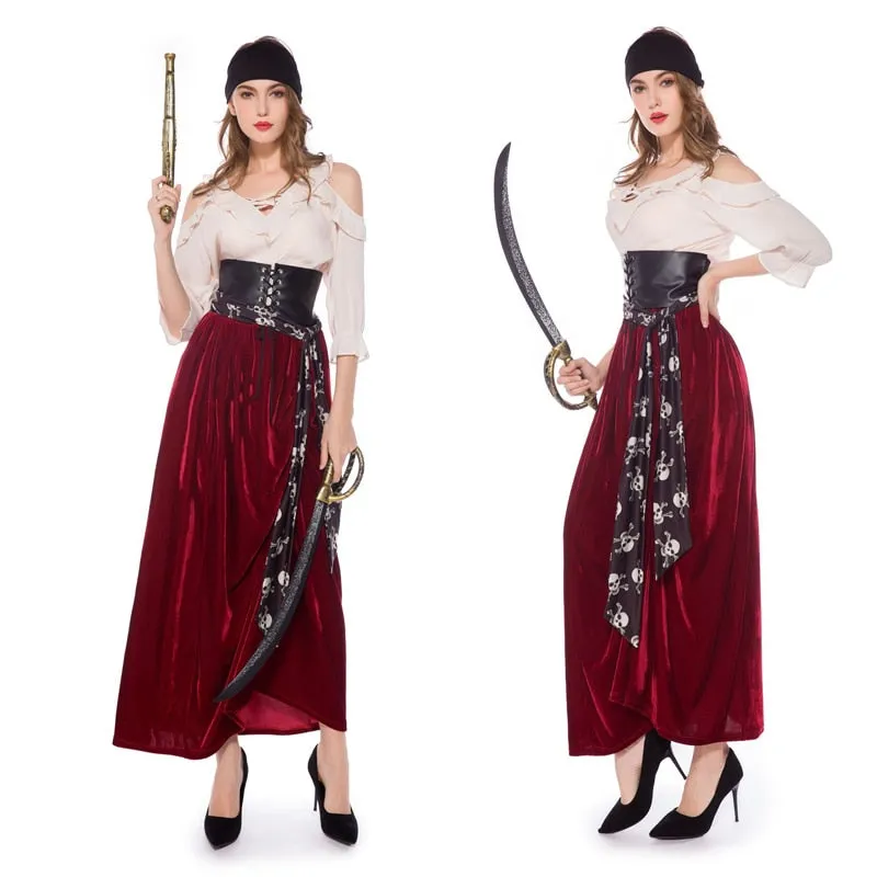 \Female Caribbean Pirates Captain Costume Halloween Cosplay Suit Medoeval Gothic Fancy Woman Dress